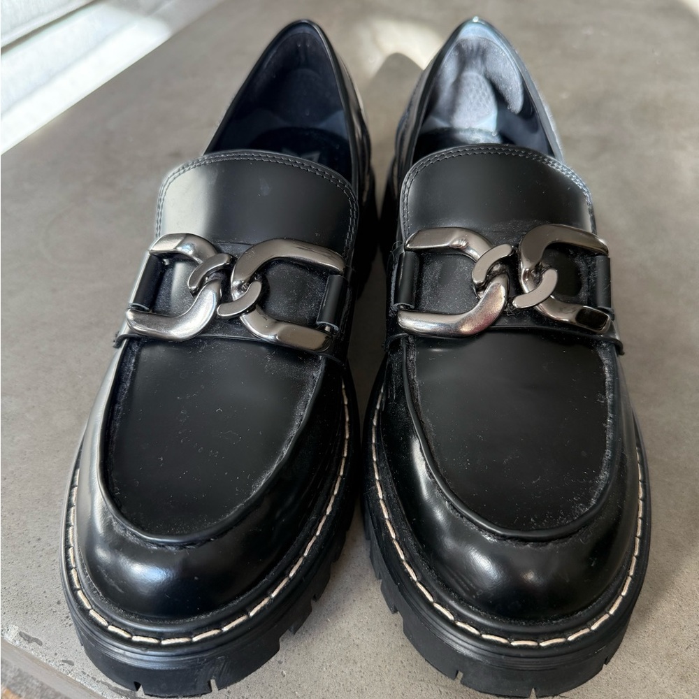 Marc Fisher Black Leather Loafers with Gunmetal Chain